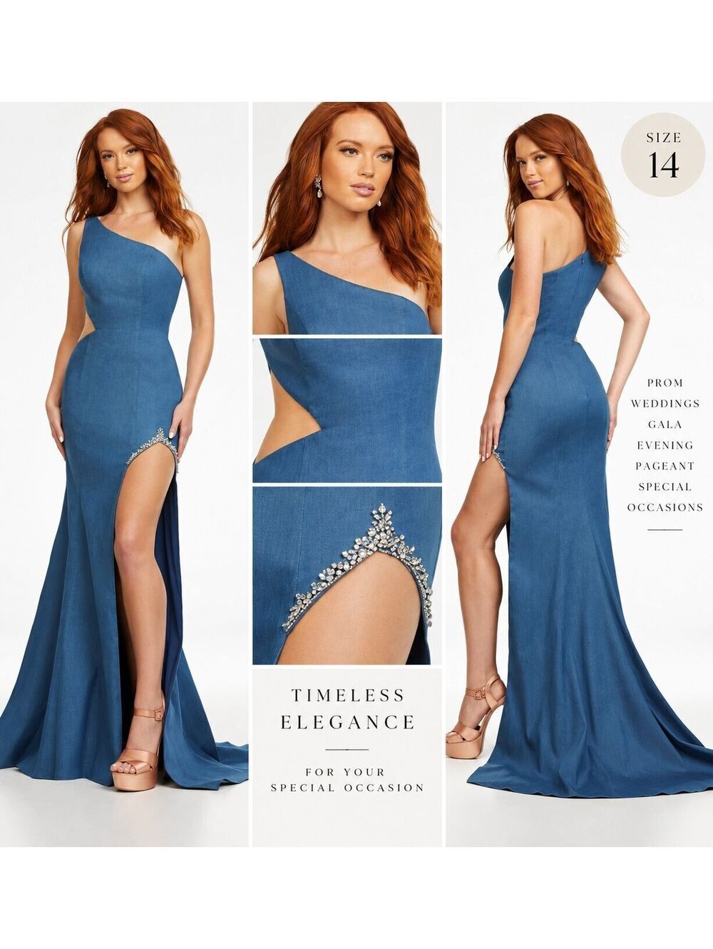 $970 Blue One Shoulder Beaded Slit Formal Gown Prom Evening Gala Pageant Sz 14